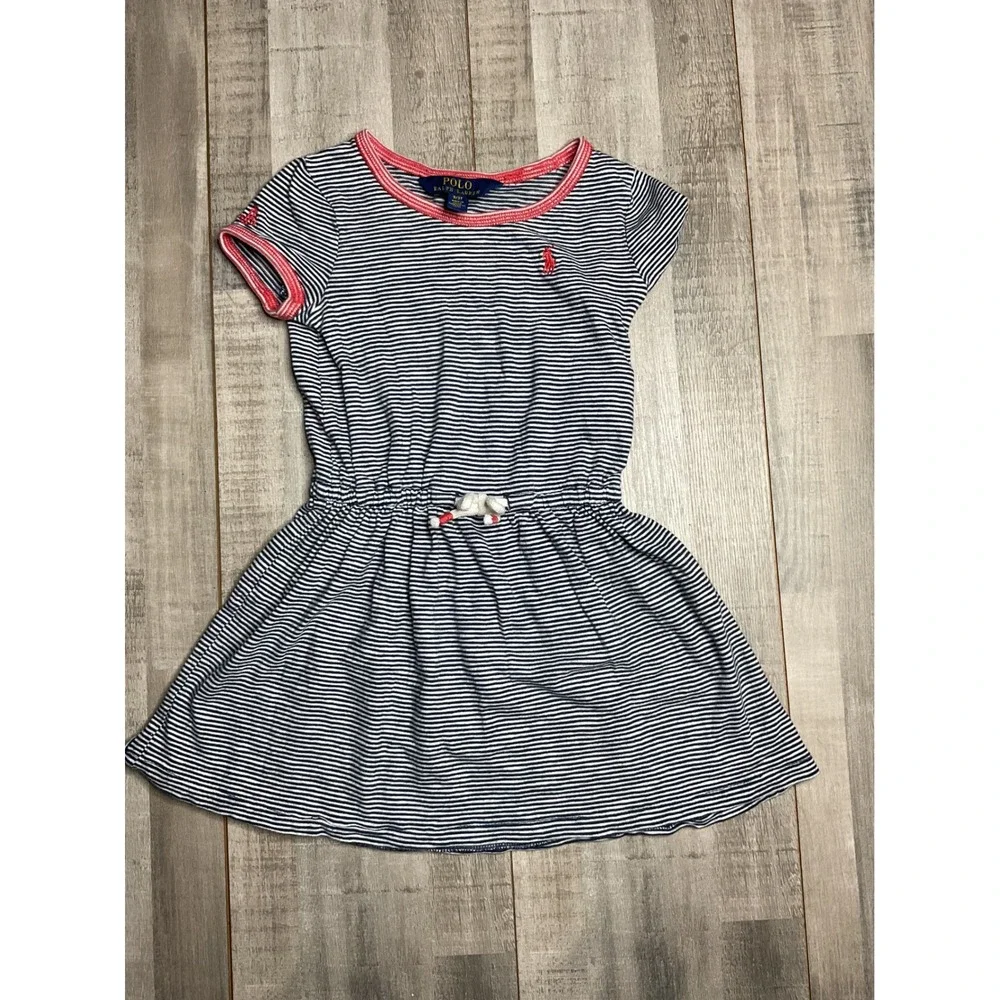 Polo Ralph Lauren Girls 3T Navy Blue White Striped Nautical Dress Red Accents